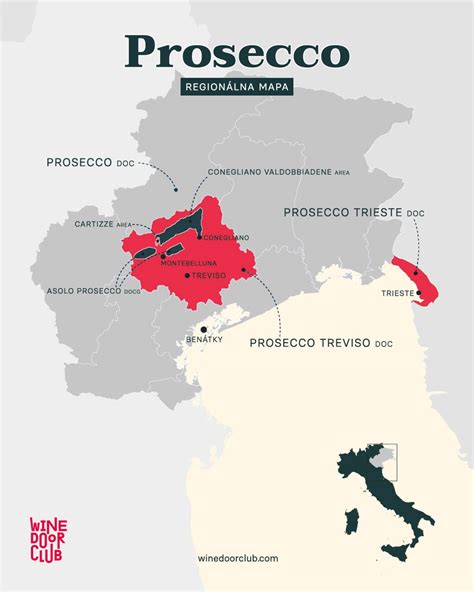 Mapa talianskeho regiónu Veneto s vyznačenými oblasťami Prosecca