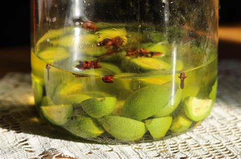 Ukážka rôznych produktov zo zelených orechov - fľaša likéru, kandizované orechy, fľaška oleja