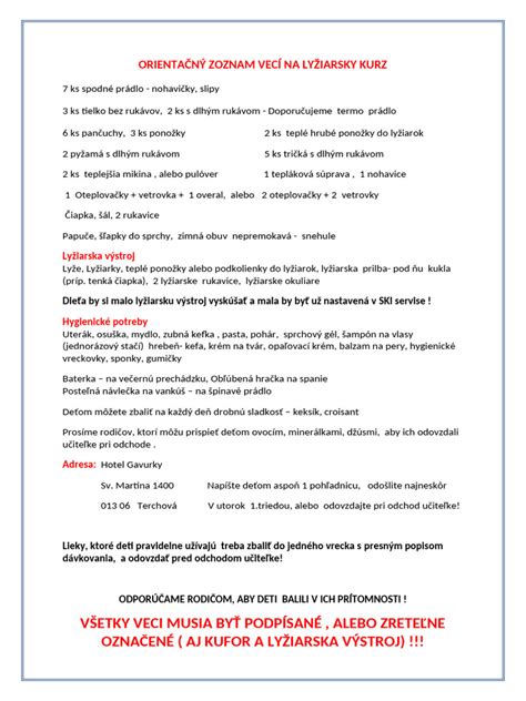 Zoznam vybavenia na lyžiarsky výcvik