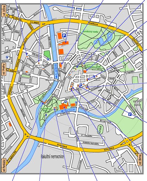 Mapa centra Ružomberka s vyznačenými podnikmi