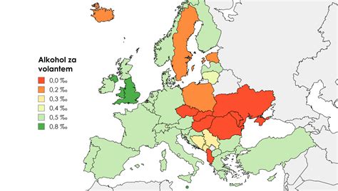 Mapa ukazujúca mieru konzumácie alkoholu v Európe