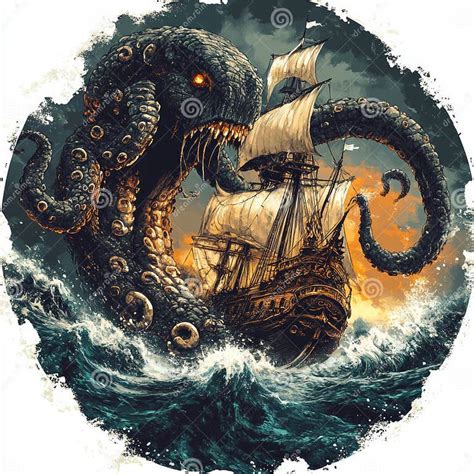 Illustration of the Kraken sea monster attacking a ship