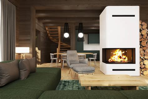 interiér apartmánu s krbom