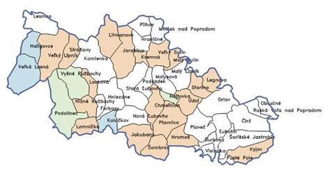 Mapa okresu Stará Ľubovňa s vyznačenými obcami Hniezdne a Podolínec