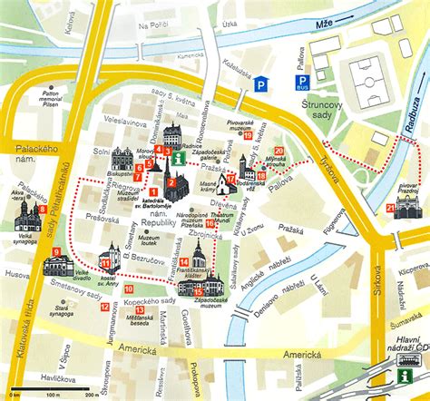 Mapa mesta Plzeň s vyznačením historického centra a pivovaru