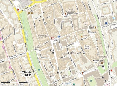 Mapa centra Trnavy s vyznačenými oblasťami pre trhy