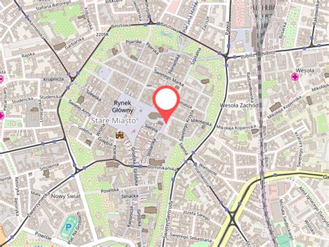 Mapa Krakova s vyznačeným Rynek Główny