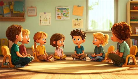 Ilustrácia skupiny ľudí sediacich v kruhu a rozprávajúcich sa