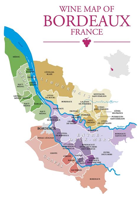 Mapa vinárskej oblasti Bordeaux s vyznačenými riekami a pobrežím