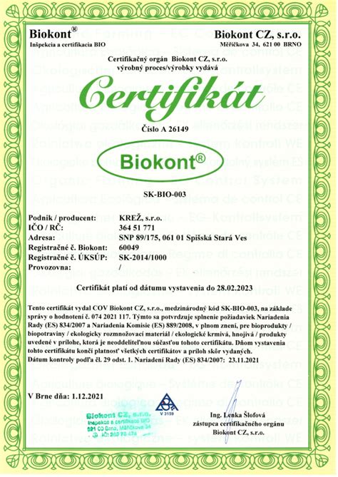 Certifikát bio produkcie