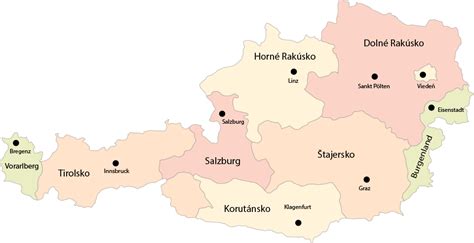 Mapa Rakúska s vyznačenými tradičnými regiónmi výroby