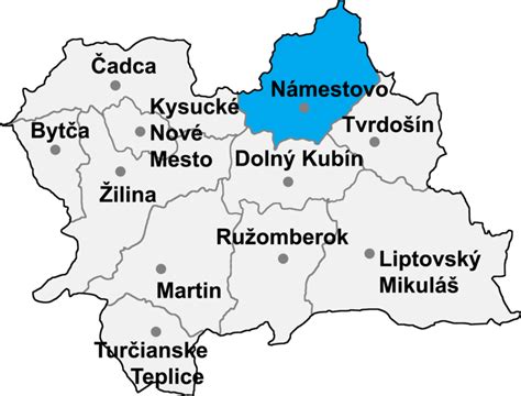 Mapa Žilinského kraja s vyznačenými okresmi Námestovo, Dolný Kubín a Tvrdošín