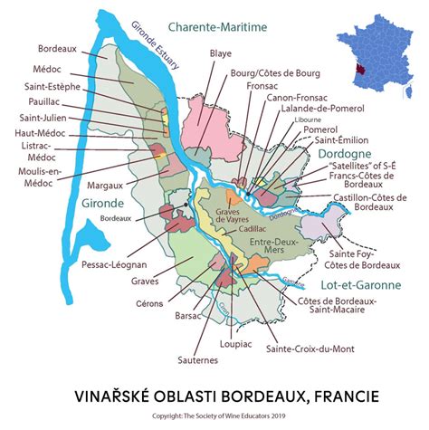 Mapa vinárskej oblasti Bordeaux s vyznačenými podoblasťami