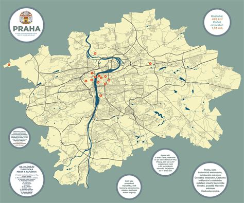 Mapa Prahy s vyznačenými lokalitami pivných kúpeľov