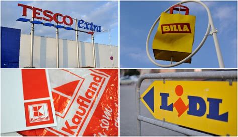 Logo obchodných reťazcov Billa, Kaufland, Lidl, Tesco, COOP Jednota