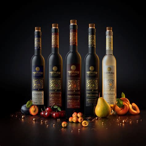 Fľaše rôznych ovocných destilátov St. Nicolaus