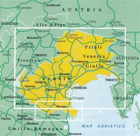 Mapa severovýchodného Talianska s vyznačenými regiónmi Veneto a Friuli-Venezia Giulia