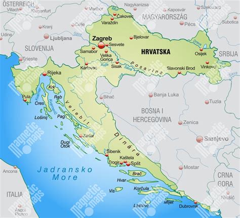 Mapa Chorvátska s vyznačenými hlavnými vinárskymi oblasťami.