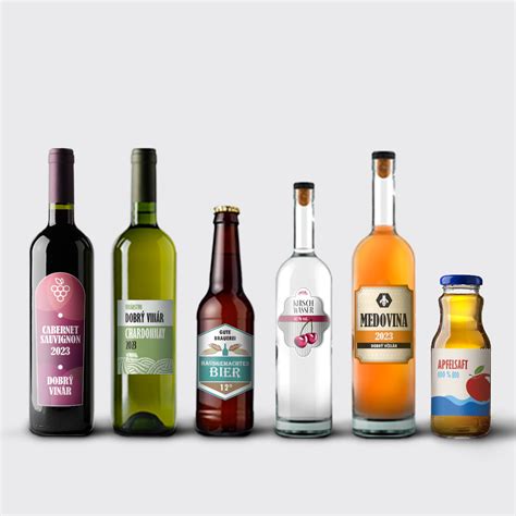 Ukážka rôznych dizajnov etikiet na bezovú brandy Slovak