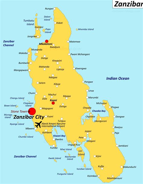 Mapa Zanzibaru s vyznačenými turistickými oblasťami