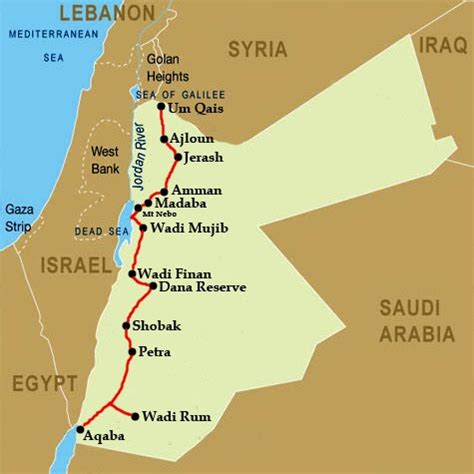 Mapa Jordánska s vyznačenou oblasťou Wadi Rum a Petry