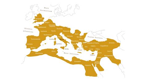 Mapa Rímskej ríše s vyznačenými provinciami Gallia, Hispania, Britannia, Pannonia a Moesia