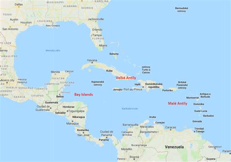 mapa Karibiku s vyznačenými ostrovmi