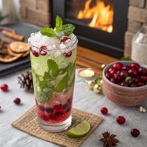 pohár s Winter Mojito ozdobený brusnicami a rozmarínom