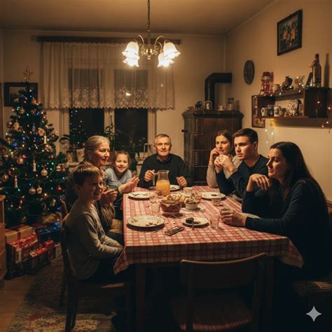 Rodina pri stole, otec sa pozerá z okna.