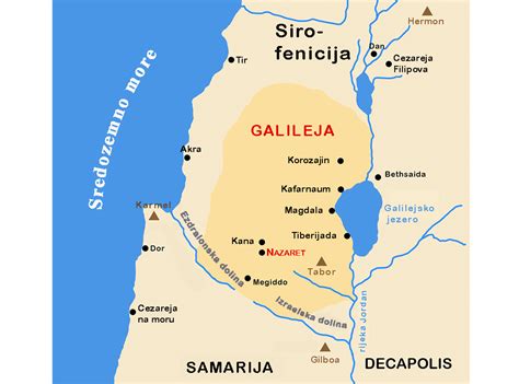 Mapa Galileje s vyznačenými potenciálnymi lokalitami Kány