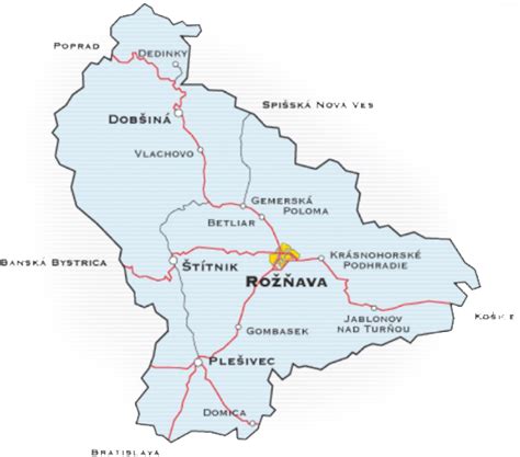 Mapa regiónu Gemer s vyznačeným mestom Rožňava