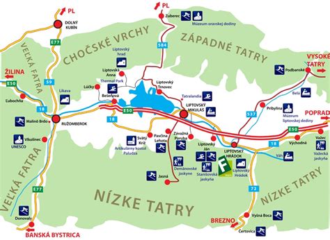 Mapa Liptova s vyznačenými turistickými atrakciami a pivovarmi