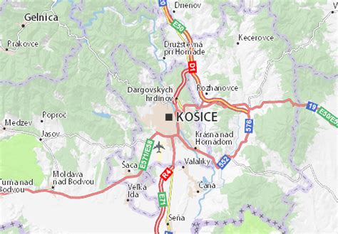 Mapa mesta Košice s vyznačeným centrom