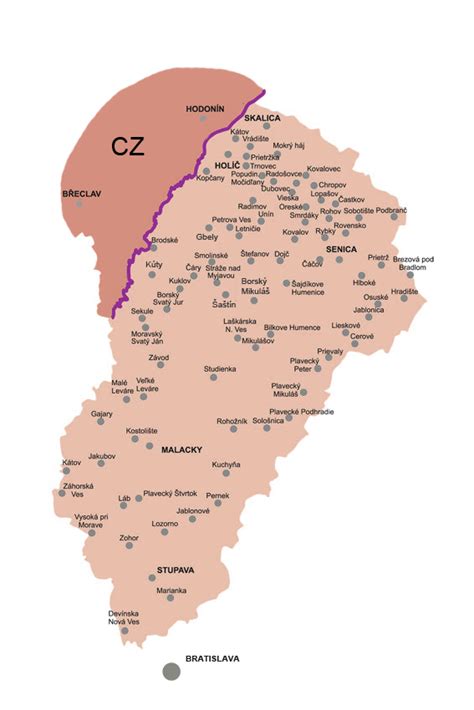 Mapa Záhoria s vyznačenými Prievaly a okolitými zaujímavosťami