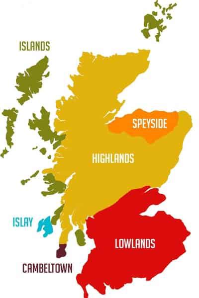 Mapa Škótska s vyznačenými whisky regiónmi