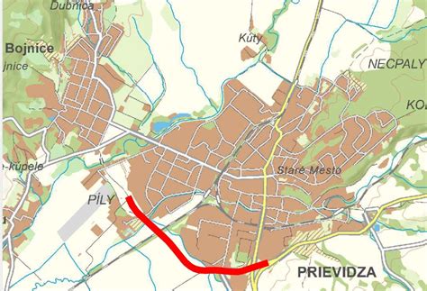 Mapa mesta Prievidza s vyznačenými pivnými zastávkami