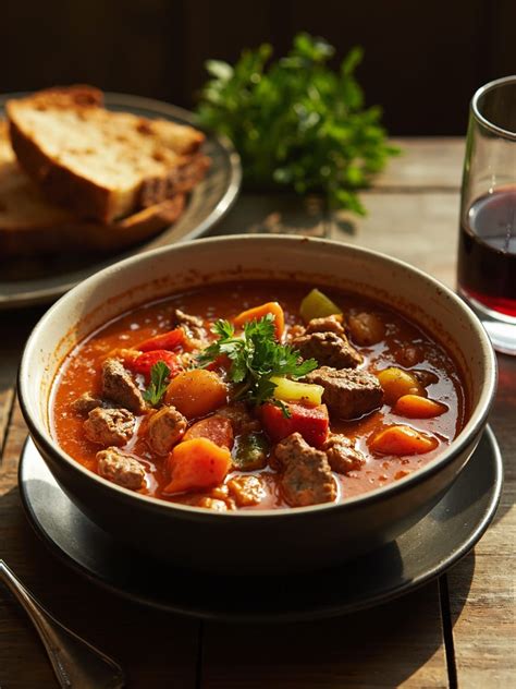 Fľaša piva vedľa misky s hovädzím gulášom