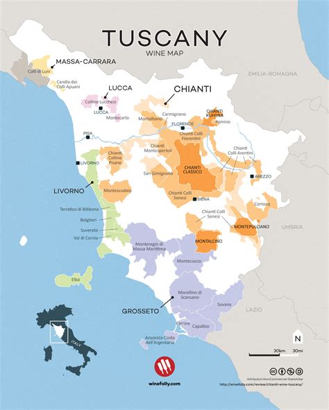 Mapa Toskánska s vyznačenými vinárstvami Antinori